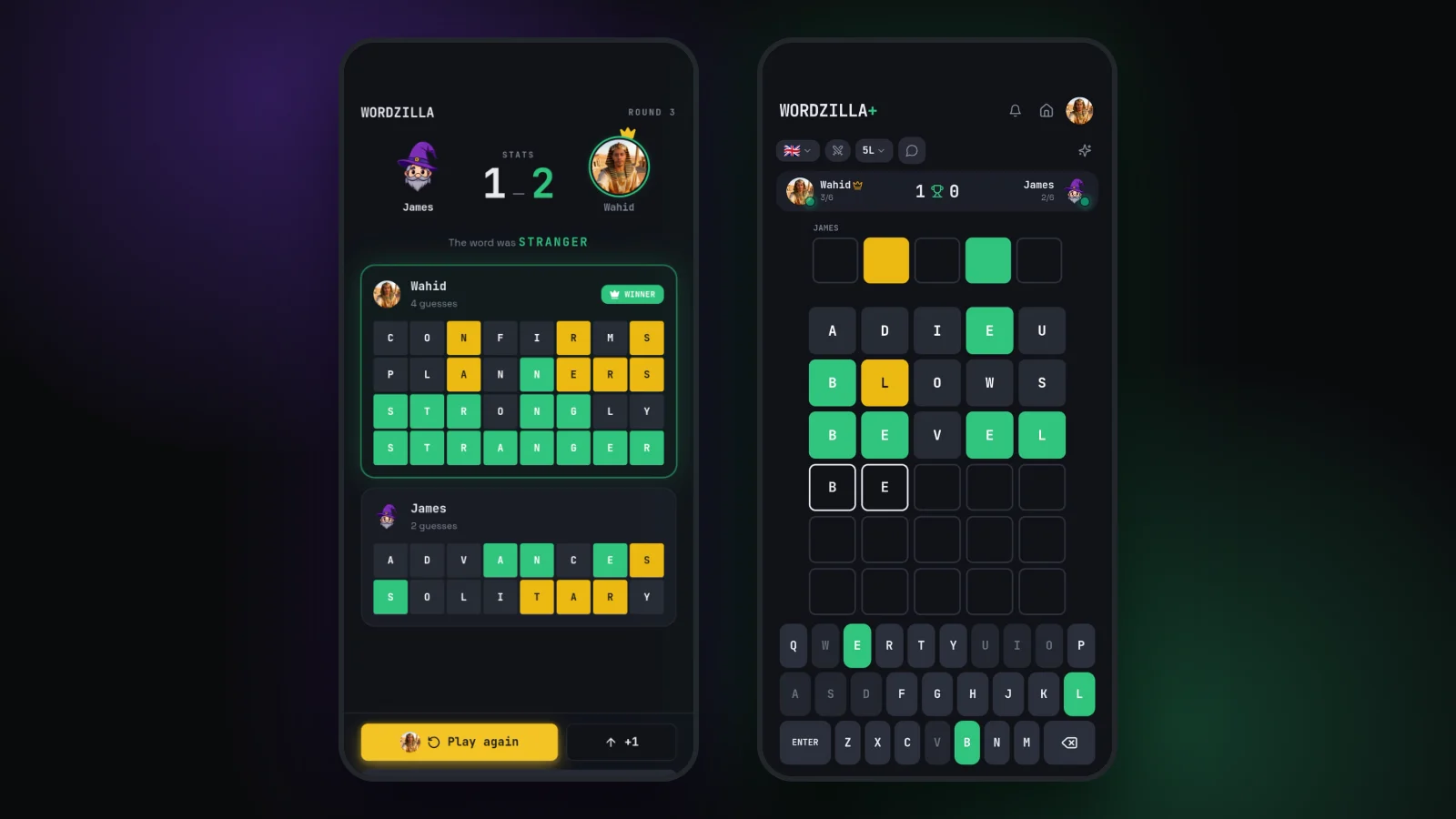 Wordzilla live 1v1 gameplay used as an example in the multiplayer comparison
